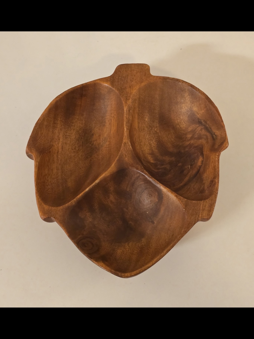 Vintage MCM Hand Carved Kamani Wood Divided Leaf Dish/Trinket Tray Philippines